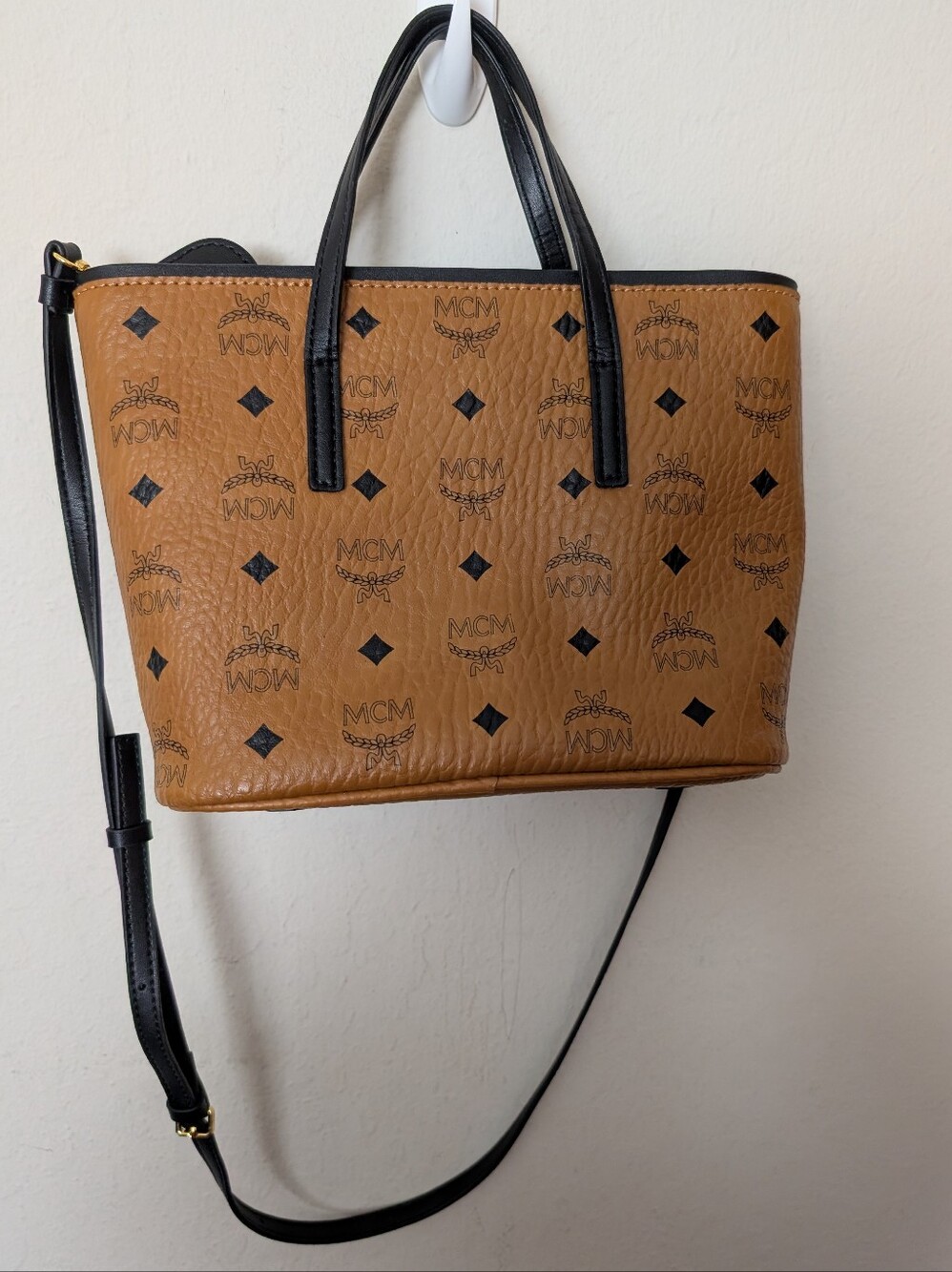 MCM Visetos Cognac Leather Mini Tote with Black Trim And Adorable Doggie Charm! - Picture 3 of 15